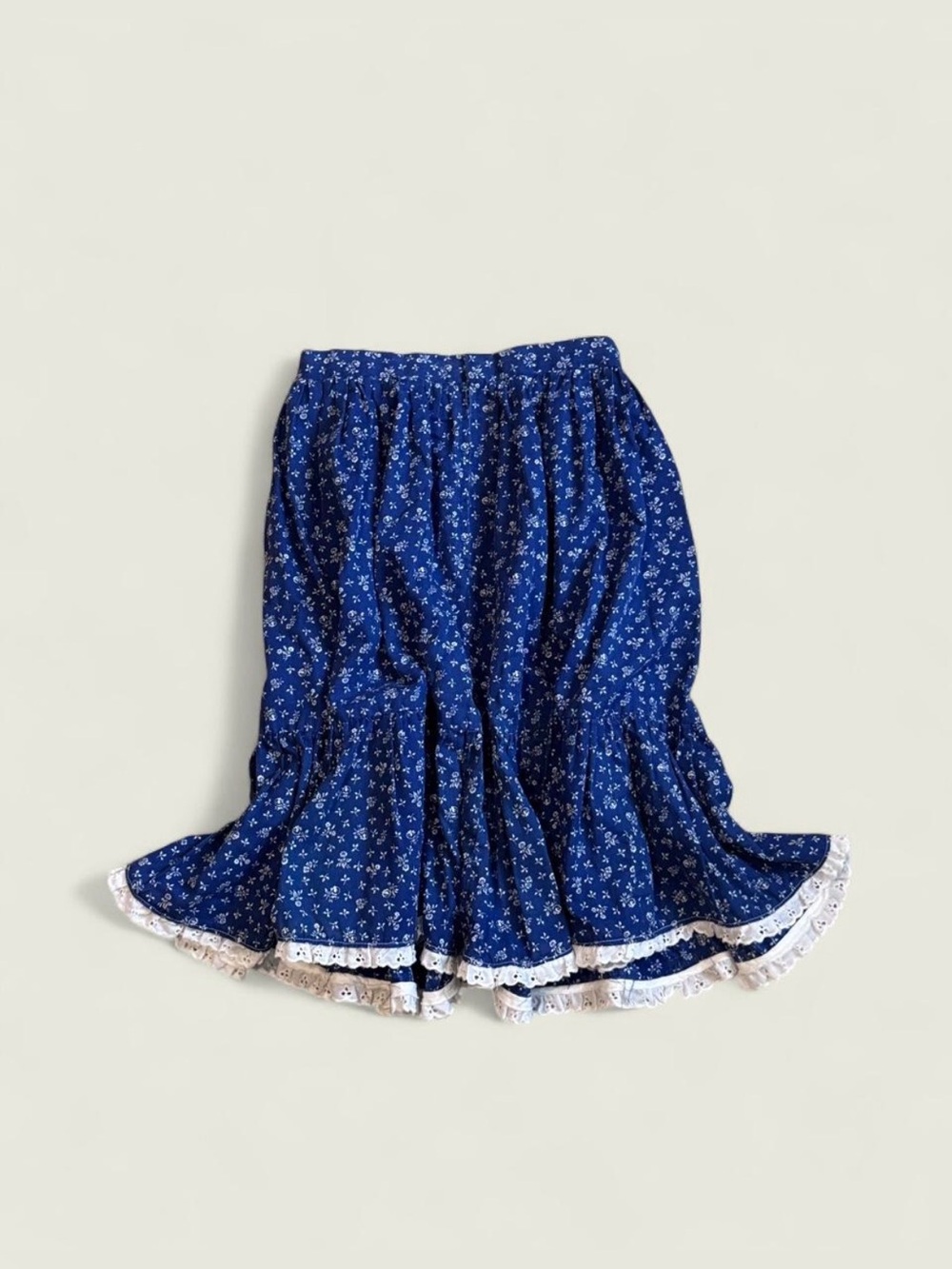 Blue Floral Midi Skirt with Lace Trim